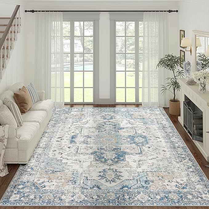 jinchan Kelda Area Rug 9x12 Washable Living Room Rug Vintage Indoor Large Floor Cover Distressed Lightweight Non-Slip Low Pile Thin Mat Accent Stain Resistant Carpet for Bedroom Office Blue