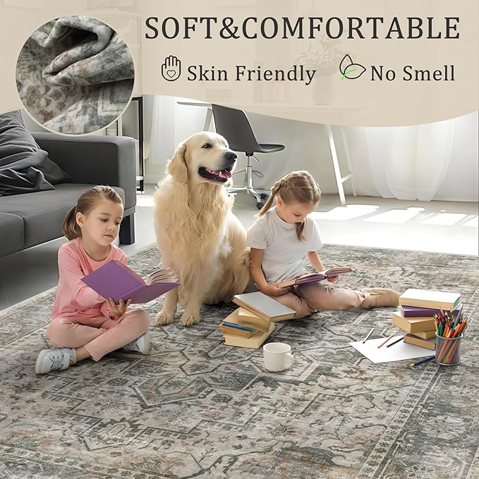 2x3 Machine Washable Area Rug for Entryway, Grey Rusty Boho Vintage Floral Rug Non-Slip Low Pile Soft Faux Wool Small Carpet, Kids and Pets Friendly for Bedroom Kitchen Hallway Bedside Home Decor Rug