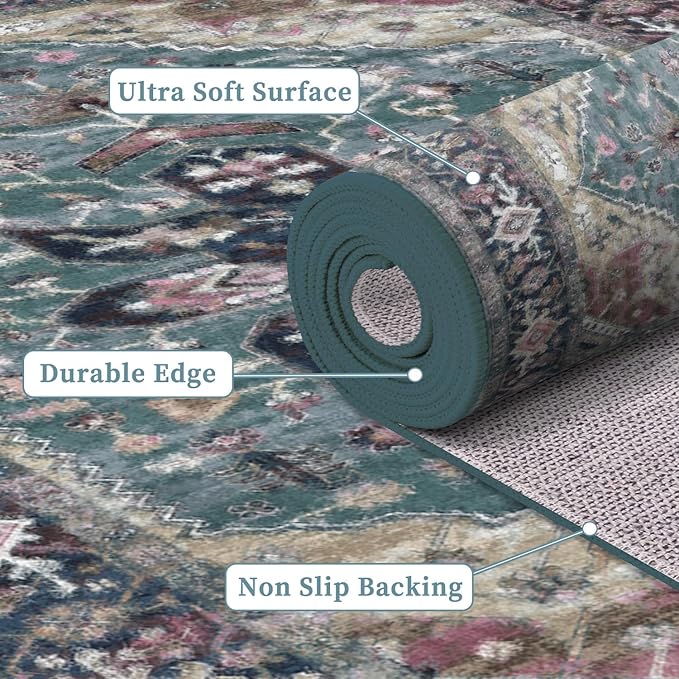 Enkor Runner Rugs for Hallway, 2x6 Washable Soft Boho Non Slip Floor Rugs for Kitchen, Modern Mat for Living Room Bedroom Entryway Purple & Green