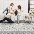 4x6 Washable Area Rug for Living Room, Carpet for Bedroom, Soft Faux Wool Retro Dining Room Rug, Non Slip&Non-Shedding Resistant Low Pile Vintage Print Rug for Home Office (White Cream/Gray)