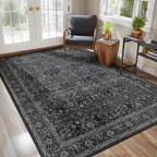 Washable Charcoal 5x8 Area Rugs, Vintage Earth Tone Dark Muted Black and Grey Carpet for Living Room Bedroom, Low Pile Thin Rug with Non Slip Rubber Backing for Dining Room Home Office