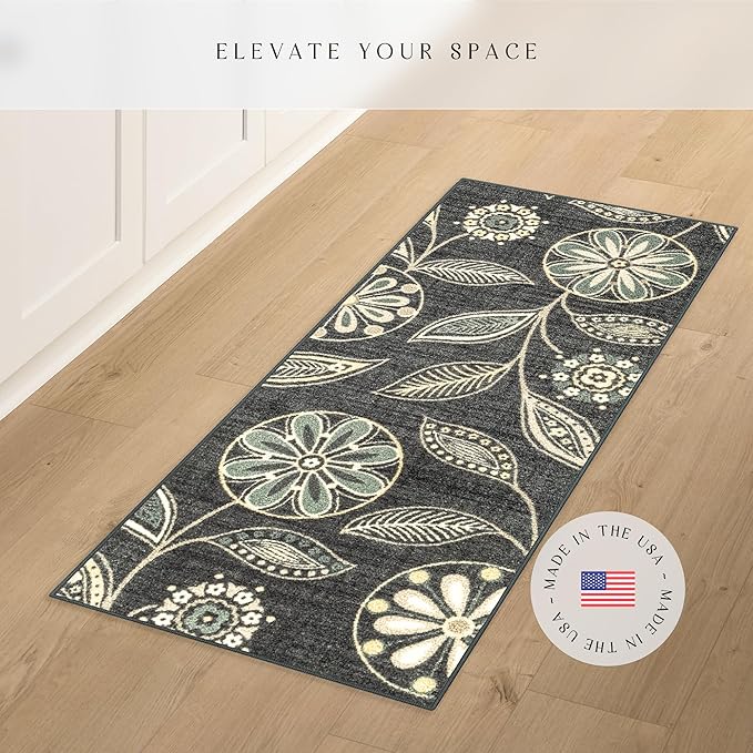 Maples Rugs Reggie Floral Runner Rug - Made in USA - Washable, Non Slip Indoor Carpet for Kitchen, Hallway, and Laundry Room, 1'8 x 5, Persian Blue