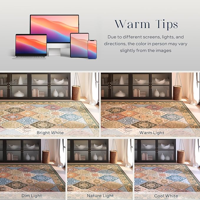 Phantoscope Washable Area Rug 4'x6' Non-Slip, Vintage Boho Rugs for Living Room, Bedroom, Dining Room, Distressed Moroccan Mosaic Diamond Pattern, Low-Pile Foldable Floor Carpet, Terracotta/Rust