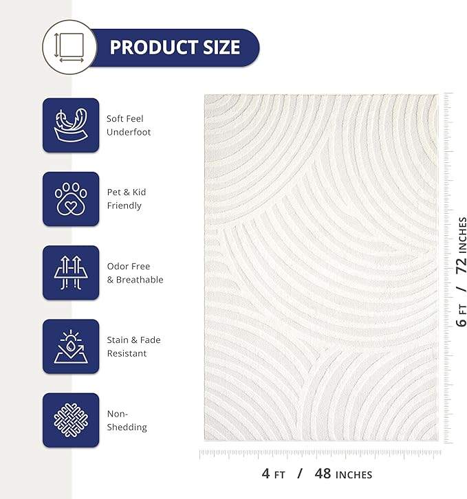Abani Nomad Cream Tone-on-Tone Area Rug 4' x 6' for Living Room, Bedroom - Linear Curves Pattern - Durable & Easy to Clean