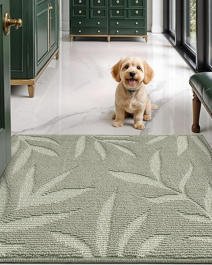 LUMI Front Door Mat Indoor Entrance 48"x72", Low Profile Welcome Mat, Non-Slip Washable Doormat with Rubber Backing for Entrance, Patio, Garage, Green