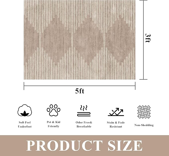 HelloTree Area Rug 3x5 Geometric Rug,Washable Modern Neutral Stain Resistant Indoor Carpet Boho Living Room Moroccan Rugs Fluffy Rug for Living Room Bedside Room Decor for Family-Pink&Khaki