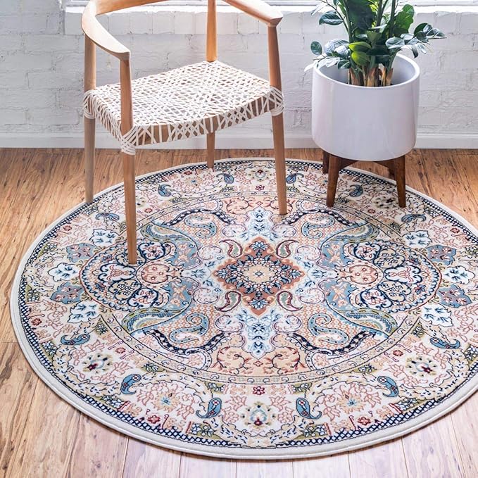Unique Loom Narenj Collection Classic Traditional Medallion Textured Design Area Rug, Round 5' 0" x 5' 0", Ivory/Tan