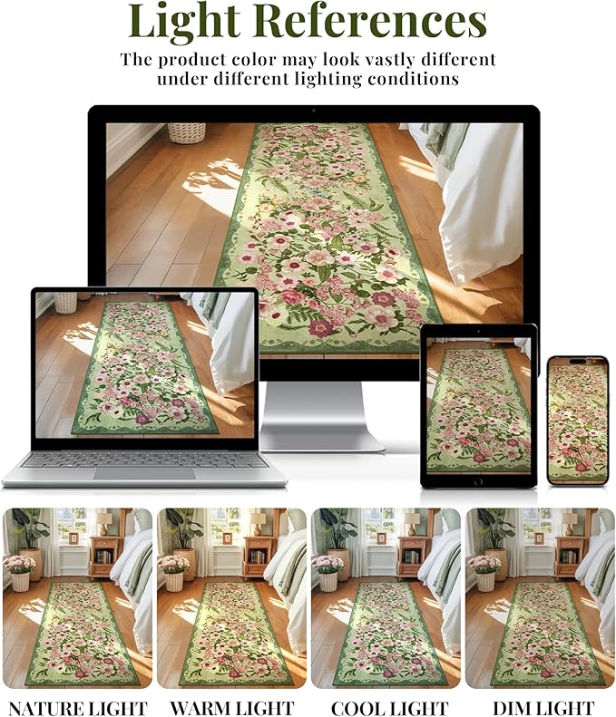 Floral Runner Rug 2x6 - Washable Vintage Bedroom Runner Rug Low Pile Non-Slip Carpet for Entryway Hallway, Laundry, Bathroom, Kitchen - Soft, Stain Resistant Indoor Area Rug - Green