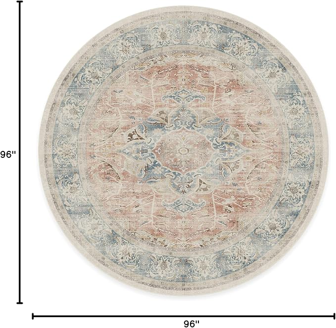 RUGGABLE Washable Vintage Area Rug – Sarrah Coral 8 ft Round, Stain-Resistant, Non-Slip – Large Machine Washable Rugs for Living Room, Bedroom, Hallway, Entryway & Office–with Cushioned Pad