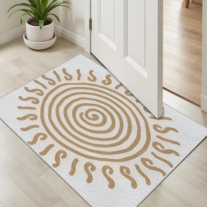 Boho Washable Rugs for Bedroom 6x9, Modern Sun Print Soft Minimalism Area Rug, Non Slip Low Pile Abstract Carpet for Classroom Living Room Decor Dining Room, Beige Yellow