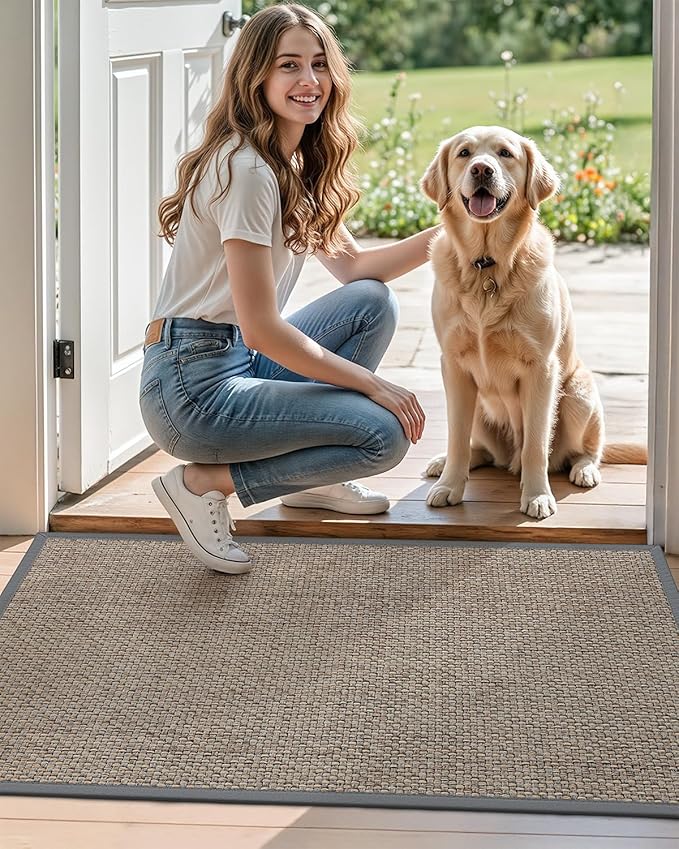 DEXI Ultra Thin Entryway Indoor Door Mat 32x48, Non Slip Rubber Backing Inside Entry Mat, Low Profile Easy Clean Dirt Trapper Doormat for Inside Entrance Patio, Grey