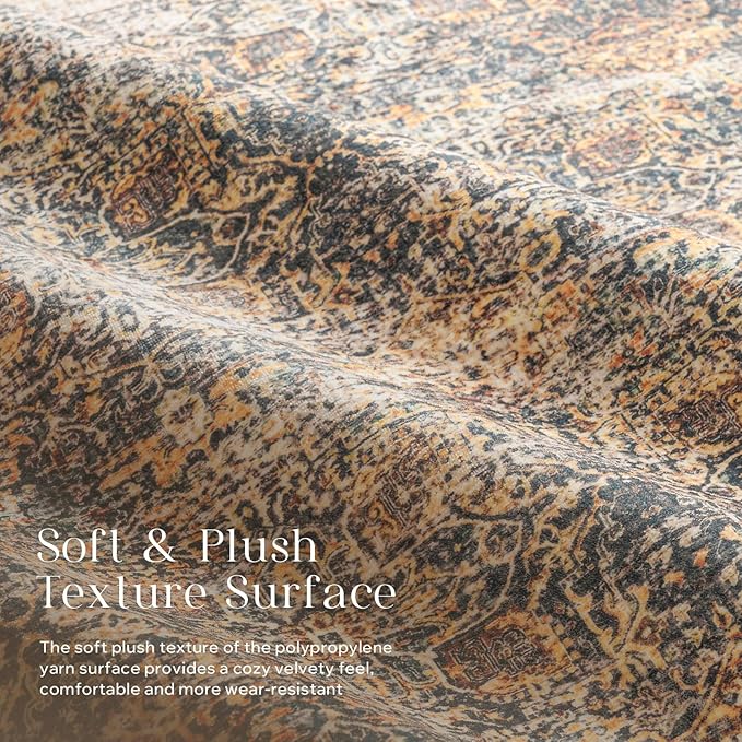 Phantoscope Washable Area Rug 6'x9' Non-Slip, Vintage Neutral Rugs for Living Room, Bedroom, Dining Room, Distressed Boho Floral Medallion Pattern, Low-Pile Foldable Carpet, Brown/Charcoal Spice