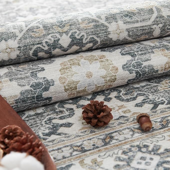 jinchan Area Rug 5x7 Washable Living Room Rug Vintage Distressed Gray Multi Floral Floor Cover Indoor Mat Retro Carpet Bedroom Kitchen Office Farmhouse Grey