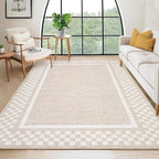 Small Bedroom Area Rug 3x5 Checkered Area Rug for Living Room Nursery Non Slip Kitchen Throw Carpet Low Pile Modern Bordered Rugs Washable Bathroom Mat Soft Brown Rugs for Laundry Entryway, Beige