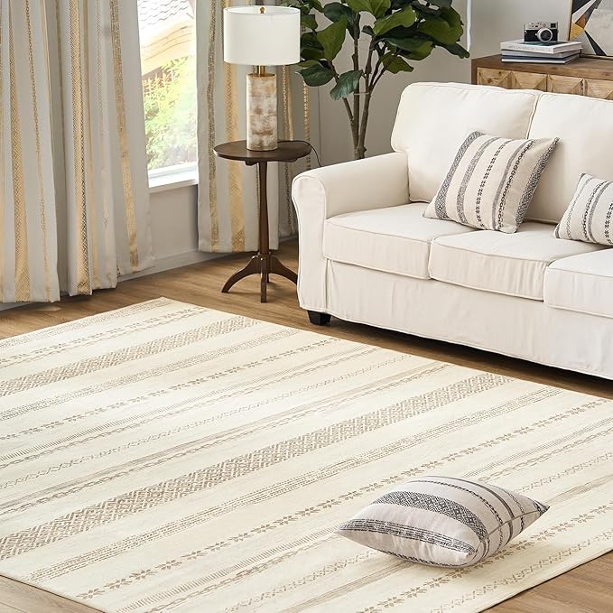 jinchan Moroccan Boho 5x7 Area Rugs for Bedroom - Machine Washable Soft Throw Rug Bohemian Ripple Design Non-Slip Neutral Carpet for Living Room Kitchen Dining Room Home Office (5‘x7', Beige)