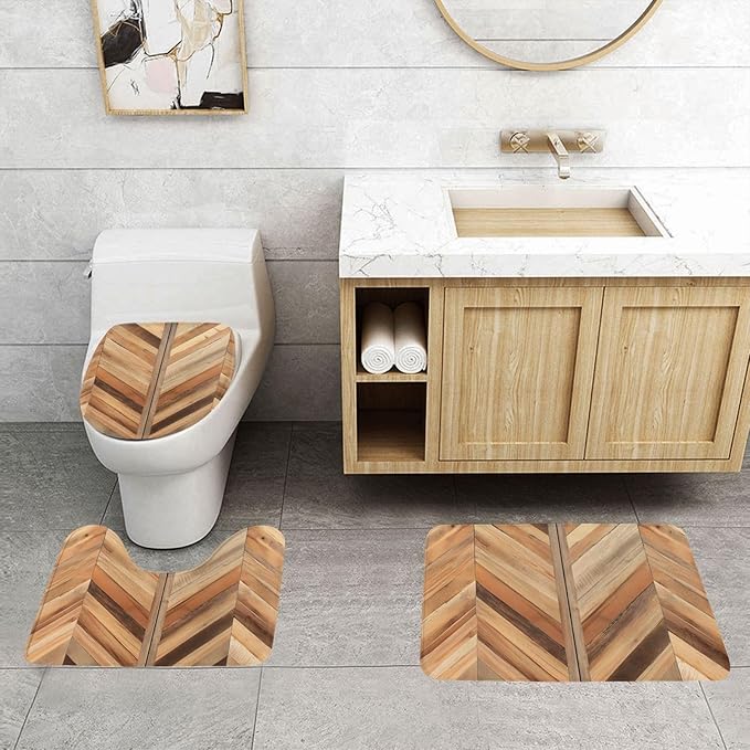 3 Piece Wooden Chevron Pattern Panel Bathroom Rugs Set, Non-Slip Absorbent Microfiber Bath Mat Set with U-Shaped Toilet Mat for Bathroom Tub Shower