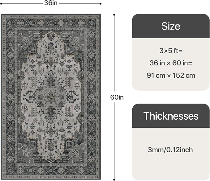 Bavni Vintage 3x5 Area Rugs, Boho Oriental Living Room Rug, Machine Washable Rug Non Slip, Distressed Print Indoor Small Black Rugs, Low Pile Ultra-Thin Soft Carpet for Bedroom, Dining Room, Farmhouse