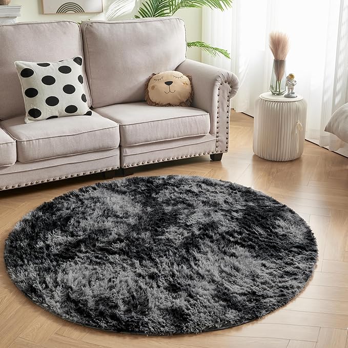 Andency Tie-Dyed Dark Grey Round Area Rug for Living Room, 6x6 Shag Rug for Bedroom, Fluffy Circle Carpet for Home Decor, Room, Fuzzy Plush Circular Rug for Dorm Playroom