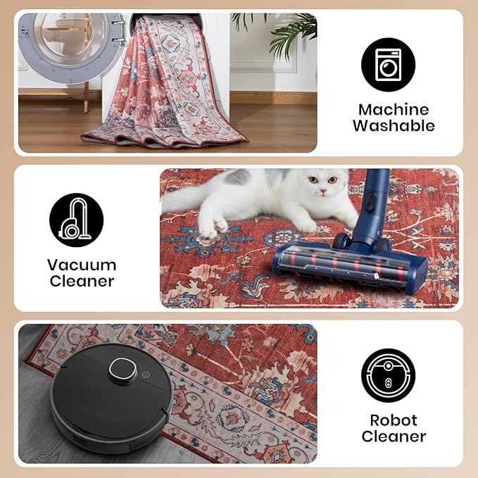 Area Rug 4x6, Washable Faux Wool Throw Rugs for Living Room, 0.3″ Non Slip Low Pile Vintage Boho Carpet for Ding Room, Home Office, Bedroom, Kids Room, Bedside (Red)
