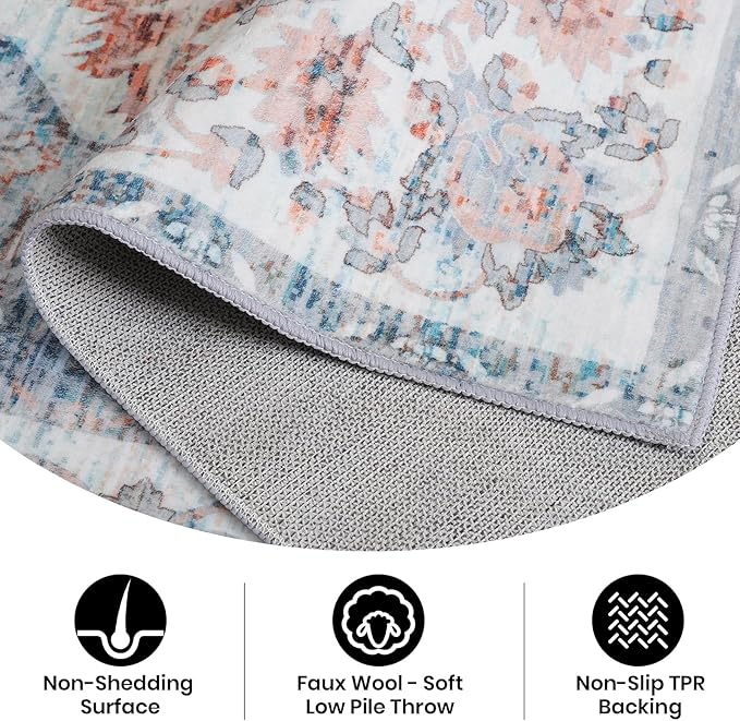 5x7 Washable Rug – Boho Non-Slip Indoor Area Rug for Living Room, Bedroom, Dining Room, Entryway –Muted Blue and Rust Distressed Pattern