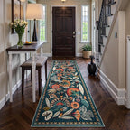 Boho Washable Green Bathroom Kitchen Runner Rug, 2x8 Egypt Hallway Entryway Rug Runner, Non Slip Botanical Floral Vintage Carpet for Entry Living Laundry Room (Dark Green, 2 x 8)