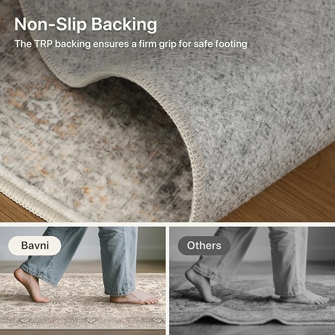 Bavni Washable Runner Rug 2’6”x8’, Non Slip Vintage Hallway Runner, Ultra Thin Low Pile Washable Carpet for Kitchen Entryway Bedroom, Light Taupe Brown