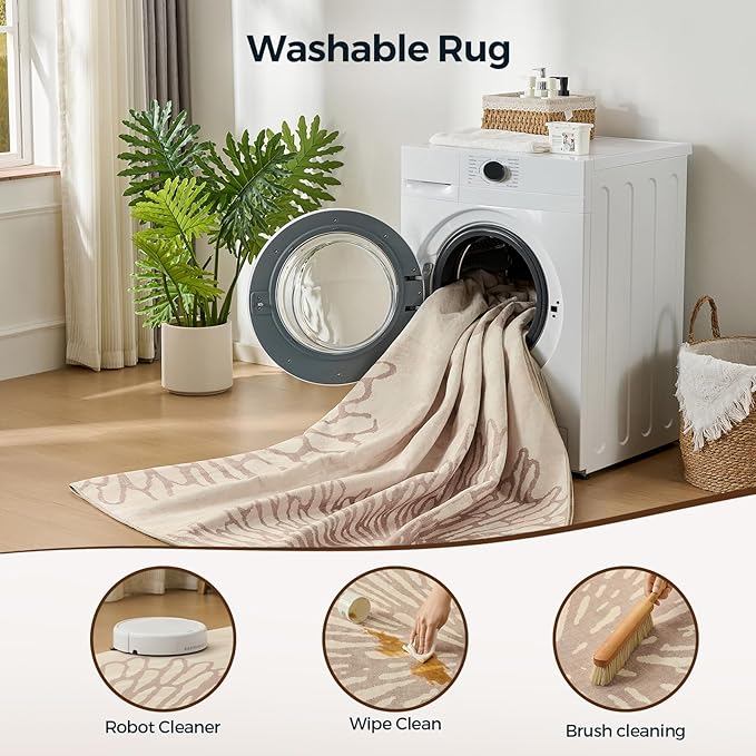 WITSHOCK 6x9 Area Rugs for Living Room: Beige Floral Washable Rugs for Bedroom Dining Room Office Nursery Modern Non-Slip Stain Resistant Low Pile Home Decor（Beige/Brown,6'x9'）