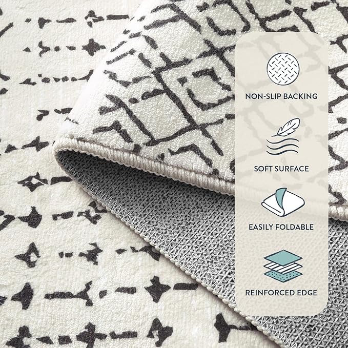 Lahome Moroccan Washable 2x6 Runner Rug, Non-Slip Beige Kitchen Hallway Runner Rug, Ultra Soft Geometric Print Distressed Floor Carpet for Hallways Entryway Bedroom Laundry
