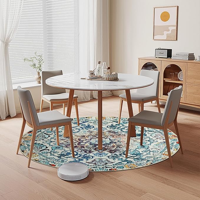 Easy-Going Round Rug 5ft Area Rug Washable Boho Circle Rugs for Living Room Non-Slip Bedroom Rug Low Pile Lightweight Medallion Distressed Throw Rug for Dining Room Kitchen Office, Vintage Multi
