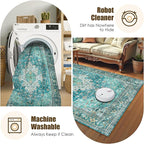Washable Area Rug 8' x 10' Vintage Traditional Persian Mat - Foldable Distressed Non-Slip Machine Washable Carpet for Living Room Bedroom Kitchen Home Decor - Teal and Gold