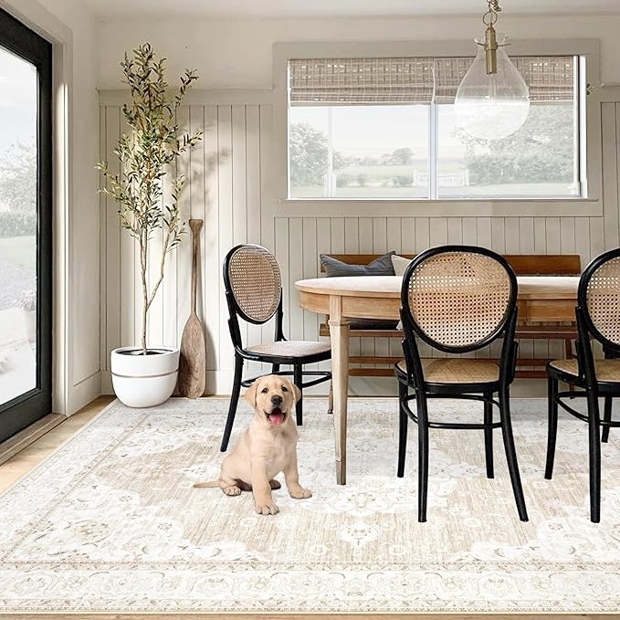Vintage Living Room Area Rug - 5x7 Large Machine Washable Boho Moroccan Rug Distressed Farmhouse Rugs for Bedroom - Soft Non-Slip Indoor Carpet for Dining Room Office Nursery(Boho Beige, 5'x7')