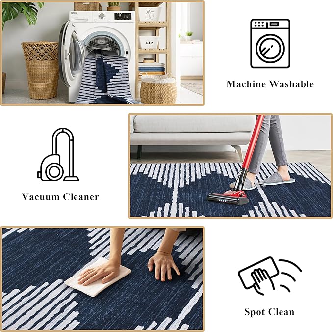 HelloTree Area Rug for Living Room 5x7 Washable Geometric Moroccan Rug Stripe Farmhouse Bohemian Minimalistic Non Slip Non Shedding Ultra Thin Soft Rug for Bedroom Office DiningRoom Nursery-Blue