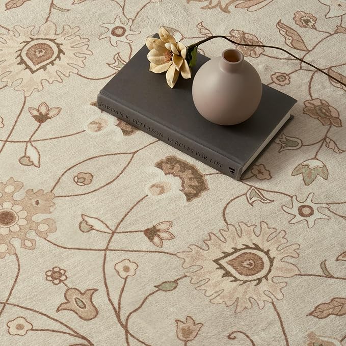 EVERGRACE Hallyway Area Runner Rugs 2x10, Boho Floral Faux Wool Indoor Outdoor Rugs, Washable Rugs for Bedroom Dining Room Living Room Kitchen, Low Pile Floor Mat Carpet for Home Decor, Natural Beige