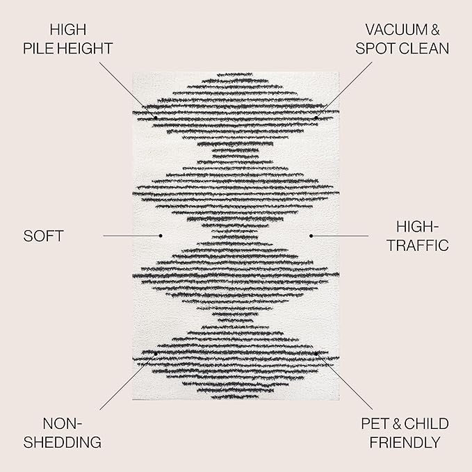 JONATHAN Y Elm Diamond Stripe Shag White/Gray Indoor Area Rug, 4x6, Geometric, Bohemian, Contemporary, Easy-Cleaning for Living Room, Bedroom, Kitchen, Pet Friendly, Non-Shedding (MOH408A-4)