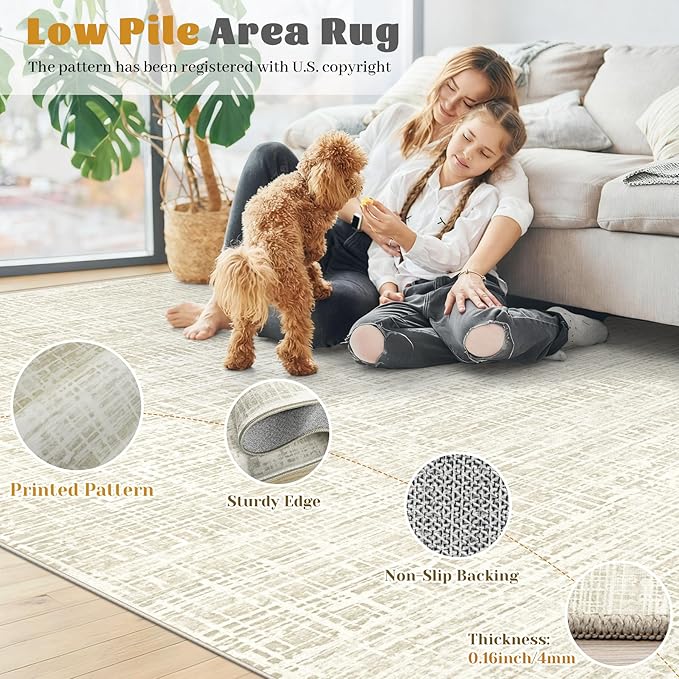 5x7 Area Rugs for Living Room, Washable Large Area Rug Neutral Modern Abstract Bedroom Rug Soft Non Slip Low Pile Stain Resistant Indoor Carpet for Nursery Kids Dining Room Office(Beige, 5'x7')