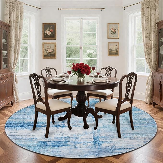 Round 8ft Area Rug Modern Abstract Washable Carpet for Living Room Bedroom Dining Room Home Office - Abstract Teal Grey