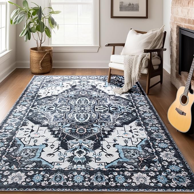 8x10 Area Rugs for Living Room, Machine Washable Non-Slip Low Pile Faux Wool Boho Vintage Carpet, Non-Shedding Large Rug for Bedroom Dining Room Office, Black