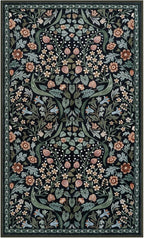 Lahome Floral 3x5 Entryway Rug, Soft Washable Bedroom Area Rugs, Botanical Non-Slip Small Black Carpet for Bedside, Entrance, Dorm, Nursery, Living Room
