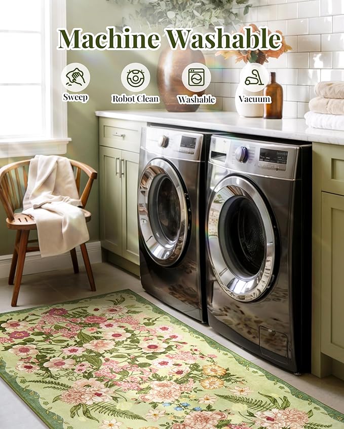 Floral Washable Round Area Rug - 6x6 Round Rugs Living Room Rug Soft Non-Slip Low Pile Large Indoor Accent Circle Carpet for Closet Bedroom Dining Room Home Office Nursery, 6ft Green