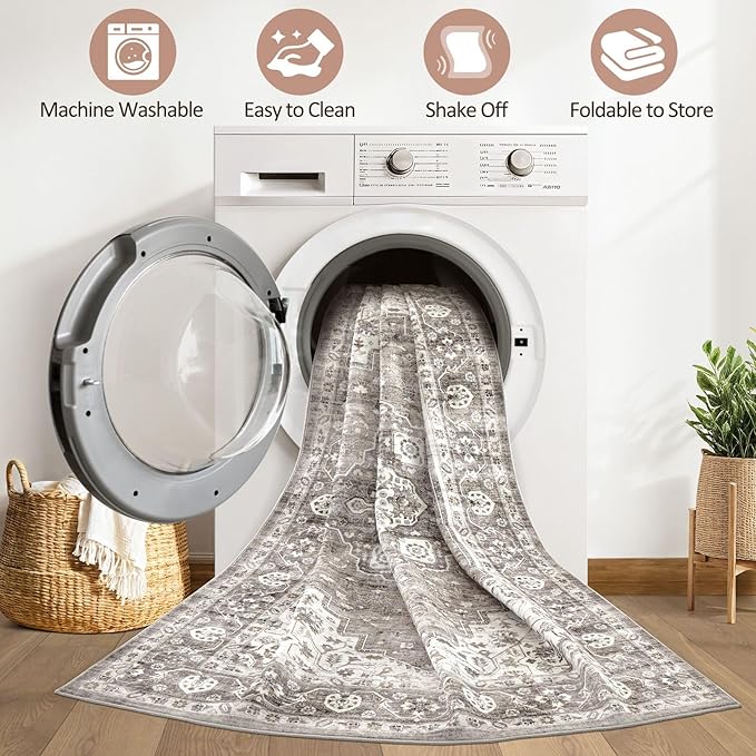 9x12 Area Rug Living Room: Washable Boho Large Neutral Vintage Soft Rugs Stain Resistant Farmhouse Non-Slip Indoor Rustic Floor Carpet for Bedroom Nursery Kids Playroom Office Dining Room- Dark Brown