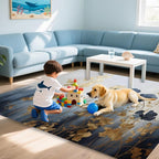 Blue Gray Flower Area Rug for Living Room, Non-Slip Backing Low Pile Modern Abstract Rug for Indoor Use, 3x5 Washable Carpet