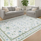 Cream Oushak 6x9 Bedroom Rug - Boho Floral Cool Blue and Green, Washable Low Pile Non-Slip Ultra-Thin Large Area Rugs for Bed Room, Living Room, Playroom