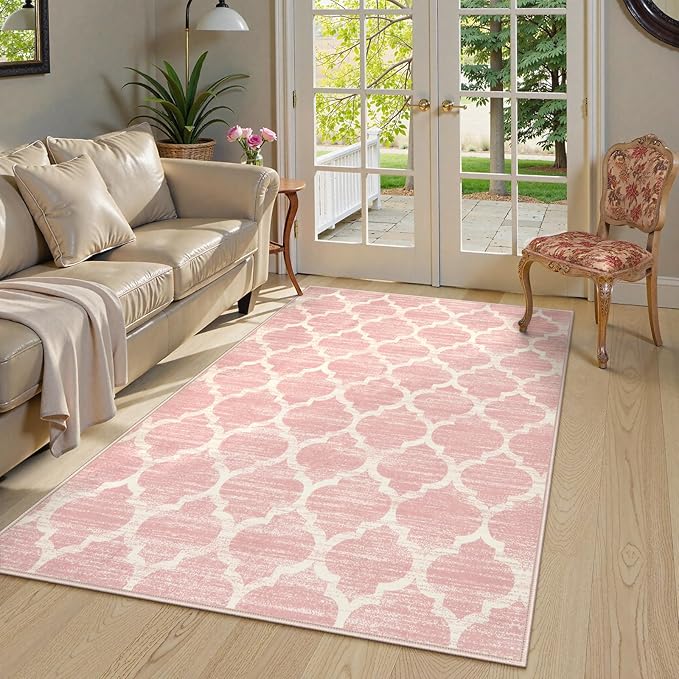 Lahome Nursery Rug 5x7 Area Rugs for Living Room,Washable Pink Rugs for Bedroom Girls,Soft Low-Pile Indoor Floor Boho Carpet for Kids Playroom Dorm