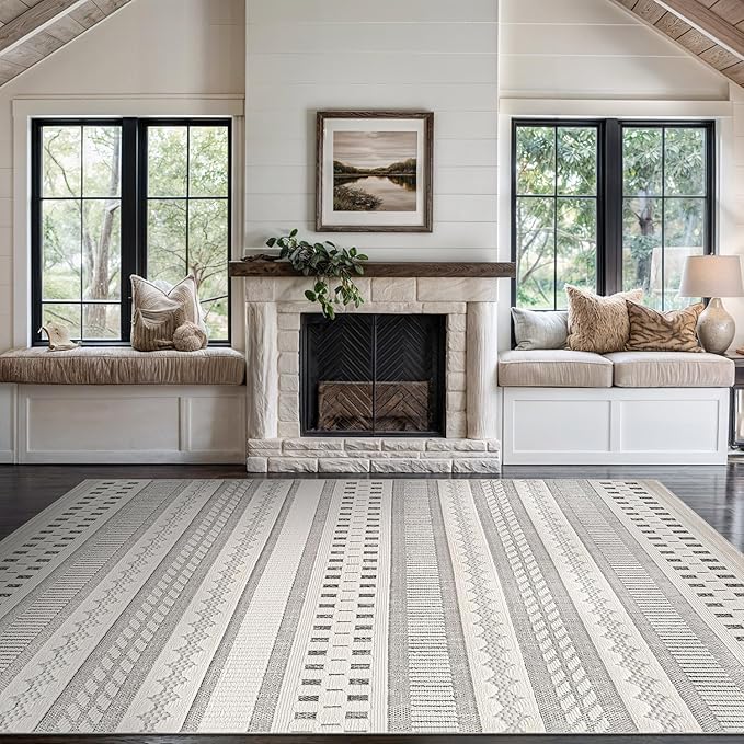 Beverly Rug Micro Loop Area Rug Gray/White 5x7 Geometric Modern Scandinavian Striped Durable Soft Indoor Rugs for Living Dining Room Office Stain Resistant Non Shedding Casual Indoor Carpet 5 x 7