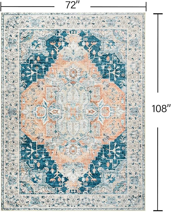 YJ.GWL Area Rugs for Living Room 6x9 Machine Washable Rugs, Non Slip Floral Vintage Rug Indoor Carpet, Stain Resistant Large Rug for Bedroom Dining Room, Dark Blue