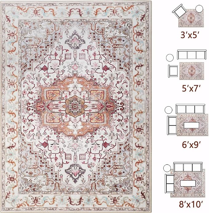 Large Area Rugs 8x10, Washable Vintage Rugs -Low Pile, Soft Plush Rugs for Bedroom, Kitchen, Dining Room, Stain Resistance, Non Shedding & Kid & Pet Friendly, Beige