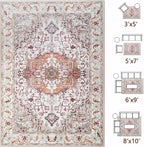 Washable Area Rugs 5x7, Beige Vintage Rugs-Low Pile Carpet, Non-Slip Distressed Printed Patterns Rugs for Bedroom, Living Room, Dining Room, Beige