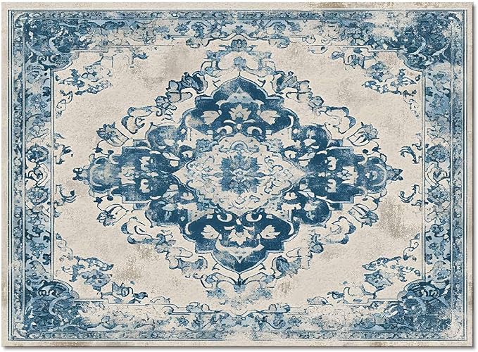 Blue Bohemian Rectangular Area Rugs for Living Room Bedroom 5 x 6.9 ft Vintage Farmhouse Floral Pattern Non-Shedding Soft Low Pile Rug Non Slip Washable Rug for Nursery Entryway Playroom
