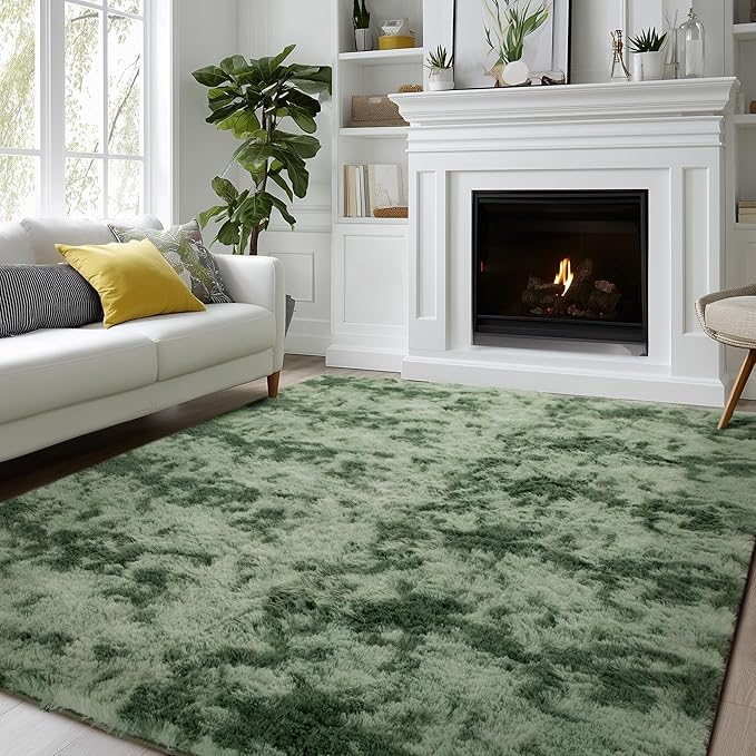 Andency 6x9 Area Rugs, Large Shag Fluffy Soft Shaggy Rugs for Living Room Bedroom, Non-Slip Tie-Dyed Army Green Thick Plush Carpet for Kids Girls and Boys, Dorm Nursery Home Decor Aesthetic