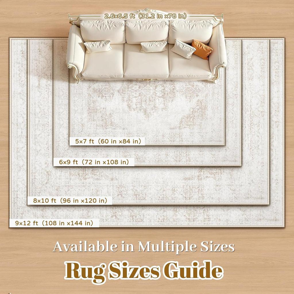 8X10 Area Rugs for Living Room, Washable Rugs Beige Vintage Medallion Non-Slip Soft Low Pile Rug Large Indoor Retro Carpet for Bedroom Dining Room Home Office Nursery Room(Beige,8'x10')